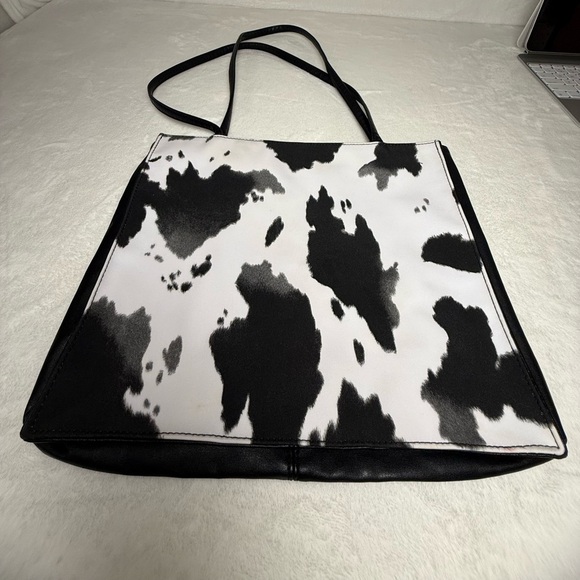 Handbags - Cowprint Black and White Tote Bag with a Red Interior